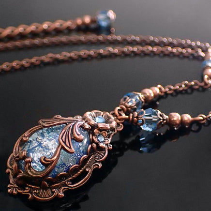 Victorian Cabochon Necklace with Aqua Blue Faux Opal Stone