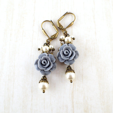 Dusty Blue and Ivory Shabby Rose Earrings - view 4
