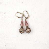 Blush Rose Crystal Earrings with Floral Filigree Beads