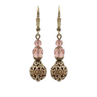 Blush Rose Crystal Earrings with Floral Filigree Beads