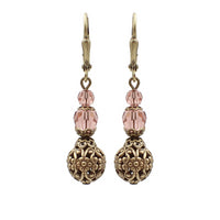 Blush Rose Crystal Earrings with Floral Filigree Beads