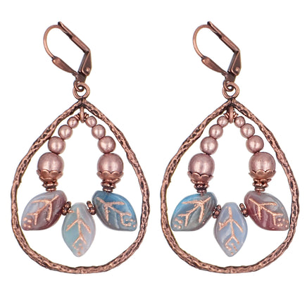 Boho Branch Teardrop Earrings with Aqua and Purple Artisan Czech Glass Leaf Beads