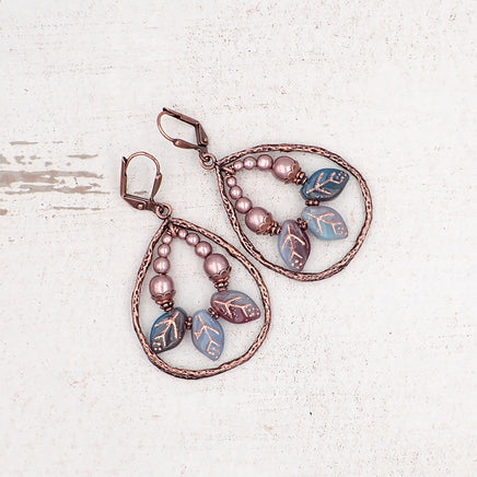 Boho Branch Teardrop Earrings with Aqua and Purple Artisan Czech Glass Leaf Beads