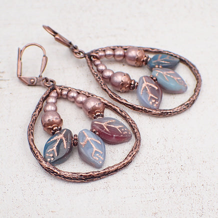 Boho Branch Teardrop Earrings with Aqua and Purple Artisan Czech Glass Leaf Beads