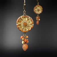 Flower Earrings with Burnt Orange Handmade Czech Glass Beads and Antiqued Brass