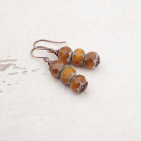 Pumpkin Orange Artisan Czech Glass Stacked Rondelle Earrings with Antiqued Copper