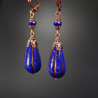 Cobalt Blue and Antiqued Copper Victorian Style Teardrop Bead Earrings