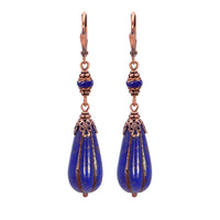 Cobalt Blue and Antiqued Copper Victorian Style Teardrop Bead Earrings