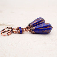 Cobalt Blue and Antiqued Copper Victorian Style Teardrop Bead Earrings