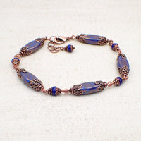 Artisan Czech Glass Beaded Bracelet with Cobalt Blue Beads and Antiqued Copper Details Custom Size