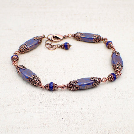 Artisan Czech Glass Beaded Bracelet with Cobalt Blue Beads and Antiqued Copper Details Custom Size