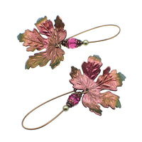 Color Shifting Maple Leaf Earrings With Fuchsia Pink and Light Green Crystals
