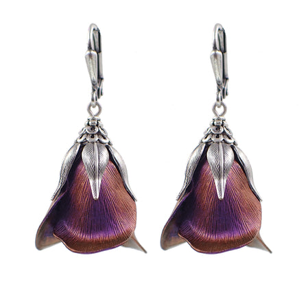 Iridescent Color Shifting Flower Earrings, Fuchsia and Copper Victorian Tulip Drops with Antiqued Silver Metal