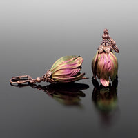 Iridescent Color Shifting Large Tulip Flower Earrings, Fuchsia and Green