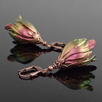 Iridescent Color Shifting Large Tulip Flower Earrings, Fuchsia and Green