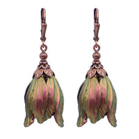 Iridescent Color Shifting Large Tulip Flower Earrings, Fuchsia and Green