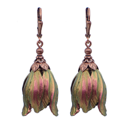 Iridescent Color Shifting Large Tulip Flower Earrings, Fuchsia and Green