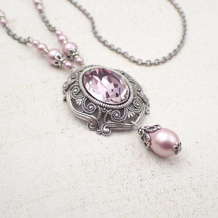 Antique Pink Crystal Victorian style bridal wedding Necklace