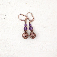 Amethyst Purple Crystal Earrings with Copper Floral Filigree Beads