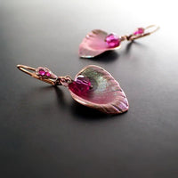 Shimmering Pink and Green Rose Flower Petal Lever Back Earrings with Fuchsia Crystals and USA-made Antiqued Copper