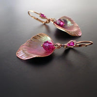 Shimmering Pink and Green Rose Flower Petal Lever Back Earrings with Fuchsia Crystals and USA-made Antiqued Copper