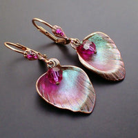 Shimmering Pink and Green Rose Flower Petal Lever Back Earrings with Fuchsia Crystals and USA-made Antiqued Copper