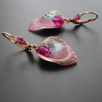 Shimmering Pink and Green Rose Flower Petal Lever Back Earrings with Fuchsia Crystals and USA-made Antiqued Copper