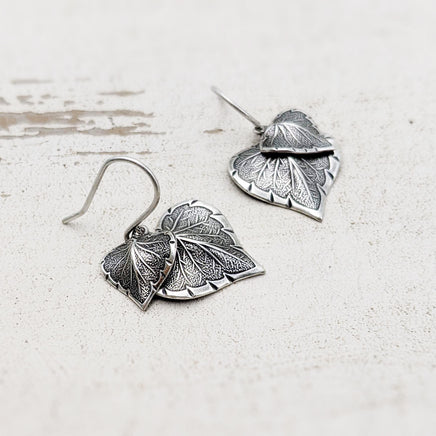 Antiqued Silver Heart-Shaped Leaf Earrings