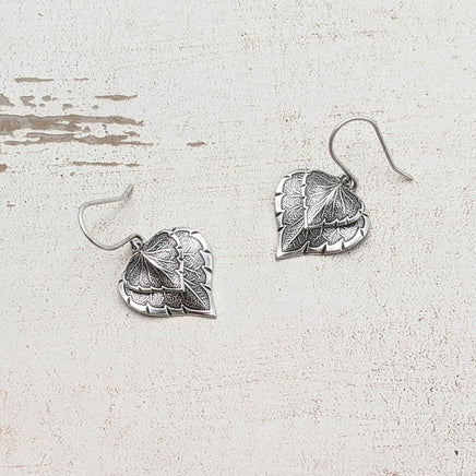 Antiqued Silver Heart-Shaped Leaf Earrings