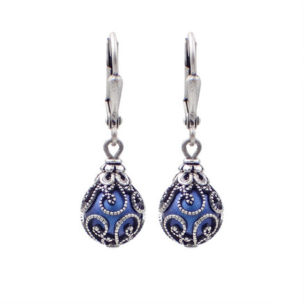 Bright Blue and Silver Caged Earrings with Pearls