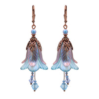 Iridescent Lavender and Blue Lucite Flower Earrings with Crystal Beads
