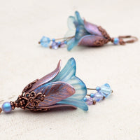 Iridescent Lavender and Blue Lucite Flower Earrings with Crystal Beads
