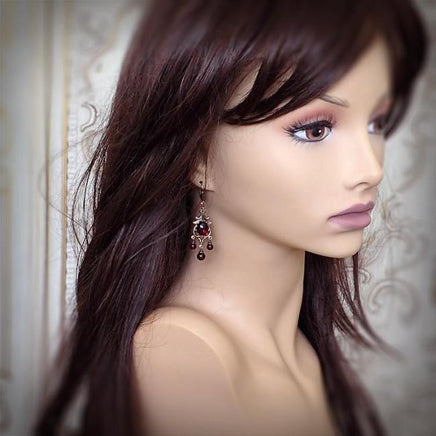 Victorian Style Natural Garnet Cabochon Chandelier Earrings on mannequin
