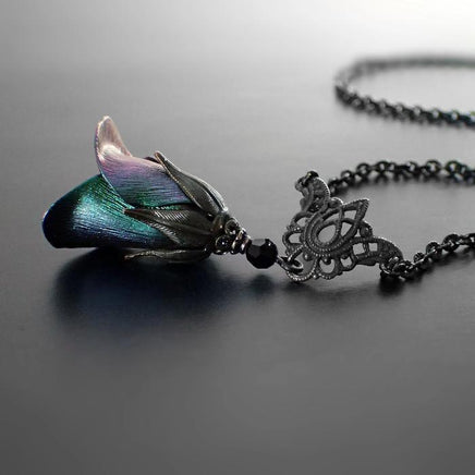 Iridescent Dark Color Shifting Flower Necklace