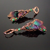 Iridescent Purple and Green Flower Lever Back Earrings with Crystal Pearls and Antiqued Copper Filigree