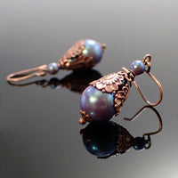 Victorian Style Earrings with Iridescent Purple Crystal Simulated Pearls and Antiqued Copper Details