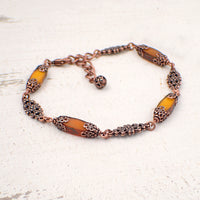 Pumpkin Orange Artisan Czech Glass Beaded Bracelet Antiqued Copper Floral Details