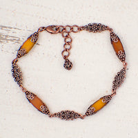 Pumpkin Orange Artisan Czech Glass Beaded Bracelet Antiqued Copper Floral Details