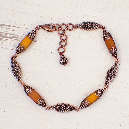 Pumpkin Orange Artisan Czech Glass Beaded Bracelet Antiqued Copper Floral Details