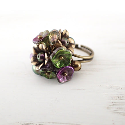 Iridescent Purple and Green Flower Cluster Ring view 2