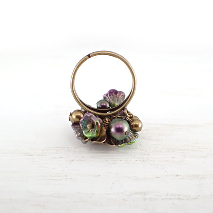Iridescent Purple and Green Flower Cluster Ring back view