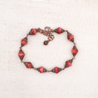 Artisan Czech Glass Rondelle Bracelet in Coral, Peach, and Antiqued Copper