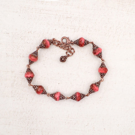 Artisan Czech Glass Rondelle Bracelet in Coral, Peach, and Antiqued Copper