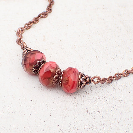 Artisan Czech Glass Rondelle Bar Necklace in Coral, Peach, and Antiqued Copper