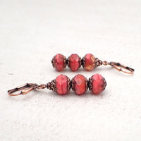 Artisan Czech Glass Stacked Rondelle Earrings in Coral, Peach, and Antiqued Copper