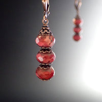 Artisan Czech Glass Stacked Rondelle Earrings in Coral, Peach, and Antiqued Copper