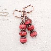 Artisan Czech Glass Stacked Rondelle Earrings in Coral, Peach, and Antiqued Copper