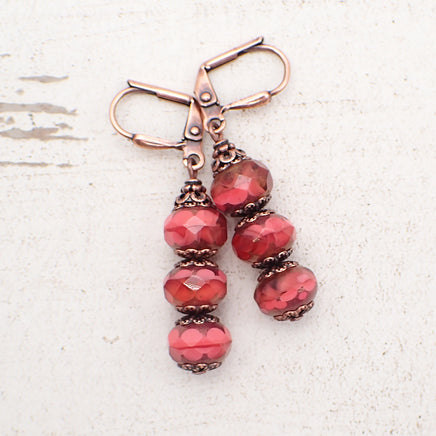 Artisan Czech Glass Stacked Rondelle Earrings in Coral, Peach, and Antiqued Copper