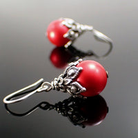Victorian Style Earrings made with Red Crystal Pearls and Antiqued Silver Filigree