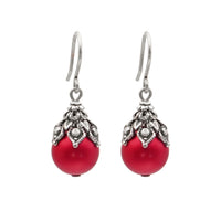 Victorian Style Earrings made with Red Crystal Pearls and Antiqued Silver Filigree